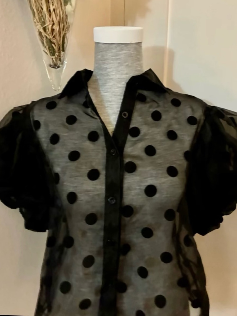 Sheer Black Polka Dot Button-Front Top🌺